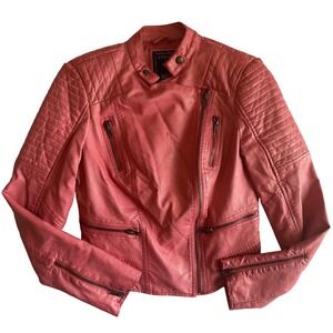 Guess Pink Faux Leather Moto Jacket Quilted‎ Detail Zipper Pockets Size XS